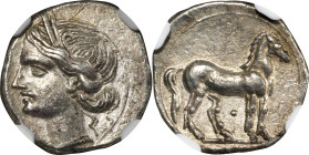 ZEUGITANA. Carthage. Second Punic War. AR 1/4 Shekel, Italian Mint, ca. 216-211 B.C. NGC EF.
MAA-78; SNG Cop-337. Obverse: Wreathed head of Tanit lef...