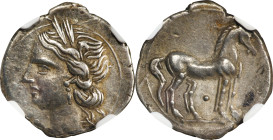 ZEUGITANA. Carthage. Second Punic War. AR 1/4 Shekel, Italian Mint, ca. 216-211 B.C. NGC EF.
MAA-78; SNG Cop-337. Obverse: Wreathed head of Tanit lef...