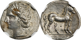 ZEUGITANA. Carthage. Second Punic War. AR 1/4 Shekel, Italian Mint, ca. 216-211 B.C. NGC EF. Edge Chip.
MAA-78; SNG Cop-337. Obverse: Wreathed head o...