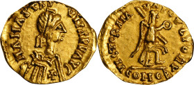 VISIGOTHS. Time of Alaric II to Amalaric. Pseudo-Imperial Coinage. AV Tremissis (1.37 gms), ca. 491-518. CHOICE EXTREMELY FINE.
Tomasini-A3, 65; Mate...