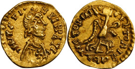 VISIGOTHS. Time of Alaric II to Amalaric. Pseudo-Imperial Coinage. AV Tremissis (1.46 gms), ca. 518-527. EXTREMELY FINE. Graffito.
Tomasini-JI1, 140;...