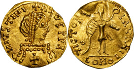 VISIGOTHS. Time of Amalaric to Leovigild. Pseudo-Imperial Coinage. AV Tremissis (1.21 gms), ca. 527-565. EXTREMELY FINE. Flan Crack.
cf. Tomasini-JAN...