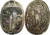 Egyptian Steatite Scarab. Middle Kingdom - Second Intermediate Period, 13th-16th Dynasty, ca. 1773-1550 B.C. 4.58 gms. FINE.
Diameter: 21mm. With a g...