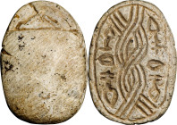 Egyptian White Steatite Scarab. Middle Kingdom - Second Intermediate Period, 13th-15th Dynasty, ca. 1773-1550 B.C. 3.28 gms. FINE.
Diameter: 20mm. In...