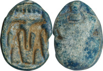 Egyptian Steatite Scarab. Second Intermediate Period - New Kingdom, ca. 1650-1069 B.C. 7.26 gms. FINE.
Diameter: 28mm. With a green glaze, incised wi...