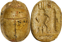 Egyptian Steatite Scarab. New Kingdom, Ramesside Period, 19th-20th Dynasty, ca. 1292-1069 B.C. 2.34 gms. VERY FINE.
Diameter: 17mm. With a light yell...