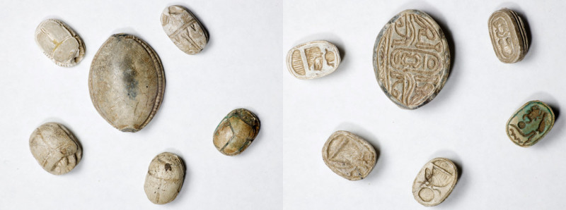 Group of Six Egyptian Glazed Steatite Scarabs. ca. 1550-924 B.C. Average Grade: ...