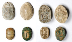 Group of Four Egyptian Glazed Steatite Scarabs. All New Kingdom, ca. 1550-1069 B.C. Average Grade: FINE.
Comprising a beige glazed cowroid incised wi...
