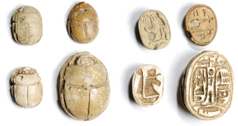 Group of Four Egyptian Glazed Steatite Scarabs. ca. 1550-924 B.C. Average Grade:...