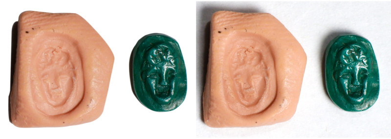 Roman Emerald Cameo. ca. 1st Century A.D. 0.23 gms. FINE.
Cf. an agate intaglio...