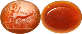 Roman Reddish Orange Carnelian Intaglio. ca. 1st - 3rd Century A.D. 0.59 gms. VERY FINE.
Dimensions: 12 x 9mm. Incised with a design of Luna standing...