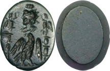 Roman Dark Green Hematite Intaglio. ca. 2nd century A.D. 0.56 gms. EXTREMELY FINE.
Dimensions: 13 x 10mm. Incised with a bust of Serapis wearing his ...