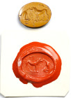 Roman Yellow Jasper Intaglio. ca. 2nd - 3rd Century A.D. 0.56 gms. VERY FINE.
Dimensions: 13 x 10mm. Incised with an open-mouthed lion facing a long-...