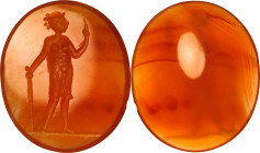 Neo-classical Orange Red Carnelian Intaglio. ca. 16-18th Century A.D. 2.00 gms. ABOUT UNCIRCULATED.
Dimensions: 20 x 17mm. Incised with a standing wa...