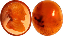 Neo-classical Orange Carnelian Intaglio. ca. 17th-18th century A.D. 0.87 gms. EXTREMELY FINE.
Dimensions: 10 x 15mm. Incised with the bust of a beard...