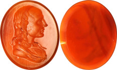 Neo-classical Orange Carnelian Intaglio. ca. 18th Century A.D. 0.62 gms. EXTREMELY FINE.
Dimensions: 14 x 12mm. Incised with the draped bust of a you...