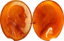 Neo-classical Orange Carnelian Intaglio. ca. 18th Century A.D. 0.75 gms. VERY FINE.
Dimensions: 17 x 13mm. Incised with the bust of a draped and bear...