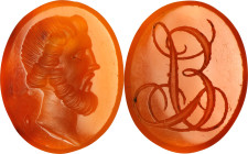 Neo-classical Orange Carnelian Intaglio. ca. 18th-19th Century A.D. 1.86 gms. VERY FINE.
Dimensions: 17 x 14mm. Incised with a bearded male bust, the...