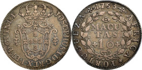 ANGOLA. 10 Macutas, 1763. Lisbon Mint. Jose I. PCGS EF-40.
KM-17. An overall deeply toned example, sporting a gunmetal gray nature and a fairly stron...