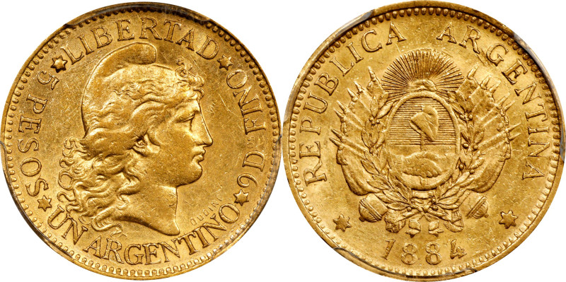 ARGENTINA. Argentino (5 Pesos), 1884. Buenos Aires Mint. PCGS AU-55.
Fr-14; KM-...