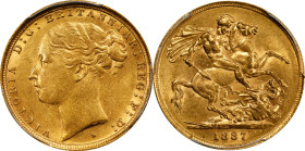 AUSTRALIA. Sovereign, 1887-S. Sydney Mint. Victoria. PCGS AU-58.
S-3858E; Fr-11; KM-6. AGW: 0.2355 oz. Still employing Victoria's youthful countenanc...