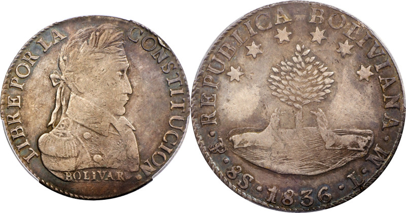 BOLIVIA. 8 Soles, 1836-PTS LM. Potosi Mint. PCGS EF-45.
KM-97. A deeply toned a...