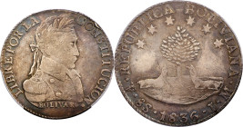 BOLIVIA. 8 Soles, 1836-PTS LM. Potosi Mint. PCGS EF-45.
KM-97. A deeply toned and only lightly handled example, this alluring specimen provides a cha...