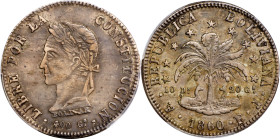 BOLIVIA. 8 Soles, 1860-PTS FJ. Potosi Mint. PCGS EF-45.
KM-138.6. Variety with "400 Gs". Featuring the bust of Simon Bolivar and sporting an elegant ...