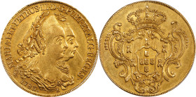 BRAZIL. 6400 Reis, 1783-R. Rio de Janeiro Mint. Maria I & Pedro III. PCGS Genuine--Scratch, AU Details.
Fr-76; KM-199.2. The noted scratch occurs in ...