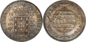 BRAZIL. 960 Reis, 1815-B. Bahia Mint. Joao as Prince Regent. PCGS AU-58.
KM-307.1. Overstruck on a Spanish colonial 8 Reales of Charles IV, this bare...