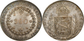 BRAZIL. 960 Reis, 1824-B. Bahia Mint. Joao VI. PCGS AU-55.
KM-368.2. Enchantingly toned, and with a color that deepens nearer the peripheries, this e...