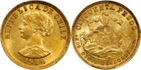 CHILE. 50 Pesos, 1926-So. Santiago Mint. PCGS MS-61.
Fr-55; KM-169. AGW: 0.2943 oz. Golden-yellow and rather dazzling, this enticing specimen radiate...