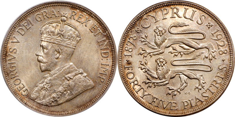 CYPRUS. 45 Piastres, 1928. London Mint. George V. PCGS MS-64.
KM-19. Celebratin...