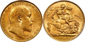 GREAT BRITAIN. Sovereign, 1905. London Mint. Edward VII. PCGS AU-58.
S-3969; Fr-400; KM-805. AGW: 0.2355 oz. Despite some minor wear, this example ot...