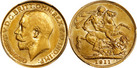 GREAT BRITAIN. Sovereign, 1911. London Mint. George V. PCGS AU-58.
S-3996; Fr-404; KM-820. AGW: 0.2355 oz. Just the slightest degree of handling upon...