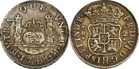 MEXICO. 2 Reales, 1748-Mo M. Mexico City Mint. Ferdinand VI. PCGS AU-55.
KM-86.1; Cal-287. Quite pleasingly toned, this charming minor retains great ...
