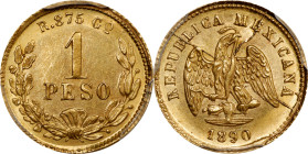 MEXICO. Gold Peso, 1890-Go R. Guanajuato Mint. PCGS MS-62.
Fr-161; KM-410.3. Mintage: 1,916 (reported). Featuring a few die breaks upon the reverse, ...