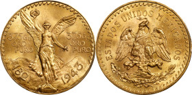 MEXICO. 50 Pesos, 1943. Mexico City Mint. PCGS MS-65.
Fr-173; KM-482. AGW: 1.2057 oz. Light golden-orange and with some hints of cabernet, this Gem b...
