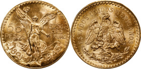 MEXICO. 50 Pesos, 1945. Mexico City Mint. PCGS MS-64.
Fr-172; KM-481. AGW: 1.2057 oz. Exceptionally vibrant and shimmering, this enchanting near-Gem ...