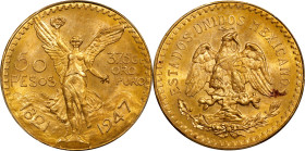 MEXICO. 50 Pesos, 1947. Mexico City Mint. PCGS MS-64.
Fr-172; KM-481. AGW: 1.2057 oz. Golden-yellow and highly enchanting, this near-Gem presents a h...