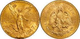MEXICO. 50 Pesos, 1947. Mexico City Mint. PCGS MS-64.
Fr-172; KM-481. AGW: 1.2057 oz. Sporting a deep golden-orange color, this splendid near-Gem rad...