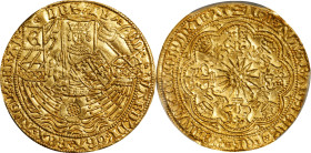 NETHERLANDS. Gorinchem. Rose Noble, ND (ca. 1583-91). PCGS AU-58.
Fr-80; S-1952. Imitating an English Noble of Edward IV, this broad gold striking of...