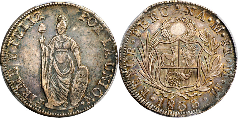 PERU. 8 Reales, 1833-LM MM. Lima Mint. PCGS AU-58.
KM-142.3. Despite some very ...
