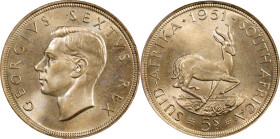 SOUTH AFRICA. 5 Shillings, 1951. Pretoria Mint. George VI. PCGS PROOFLIKE-67.
KM-40.2; Hern-S316. Mintage: 1,483. Sporting a subtle pastel hue that b...