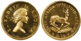 SOUTH AFRICA. 1/2 Pound, 1957. Pretoria Mint. Elizabeth II. PCGS PROOF-67.
Fr-10; KM-53; Hern-S334. Mintage: 560. Already a RARE type on account of i...
