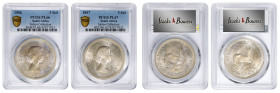 SOUTH AFRICA. Duo of 5 Shillings (2 Pieces), 1956 & 1957. Pretoria Mint. Elizabeth II. Both PCGS Certified.
1) 1956. PCGS PROOFLIKE-66. KM-52; Hern-S...