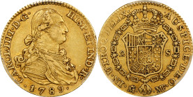 SPAIN. 2 Escudos, 1789-M MF. Madrid Mint. Charles IV. PCGS AU-50.
Fr-296; KM-435.1; Cal-1274. Quite wholesome and enticing, this lightly circulated s...