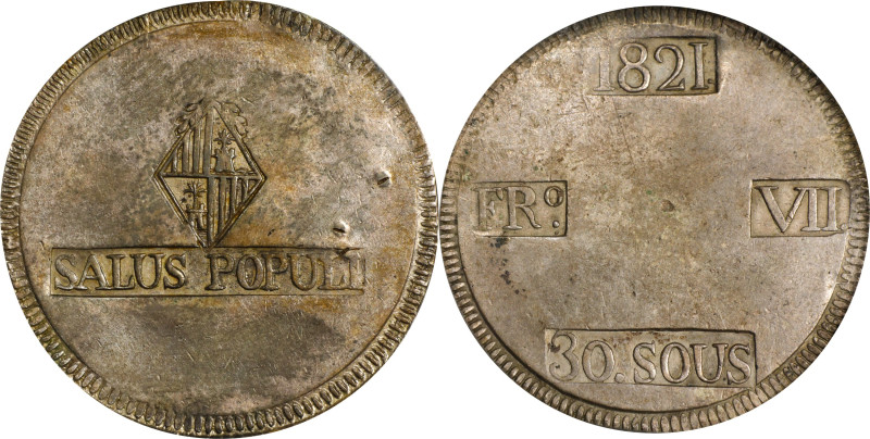 SPAIN. Majorca. 30 Sueldos (Sous), 1821. Ferdinand VII. PCGS Genuine--Damage, AU...