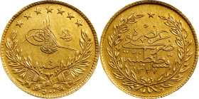 TURKEY. Ottoman Empire. 500 Kurush, AH 1327 Year 4 (1912/3). Constantinople (Istanbul) Mint. Mehmed V. PCGS Genuine--Mount Removed, AU Details.
Fr-50...