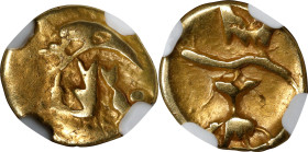 GAUL. Gallo-Belgic Issues. Morini. AV 1/4 Stater (1.42 gms), ca. 80-50 B.C. NGC VF, Strike: 4/5 Surface: 3/5. Marks.
DT-249. Obverse: Boat with two o...